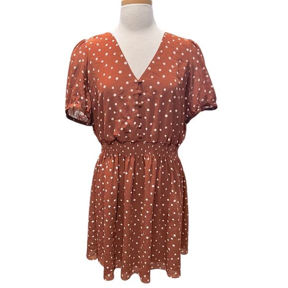 Madewell Smocked-Waist Mini Dress in Inkspot Dots Burnt Clay color Size XL - Picture 5 of 10